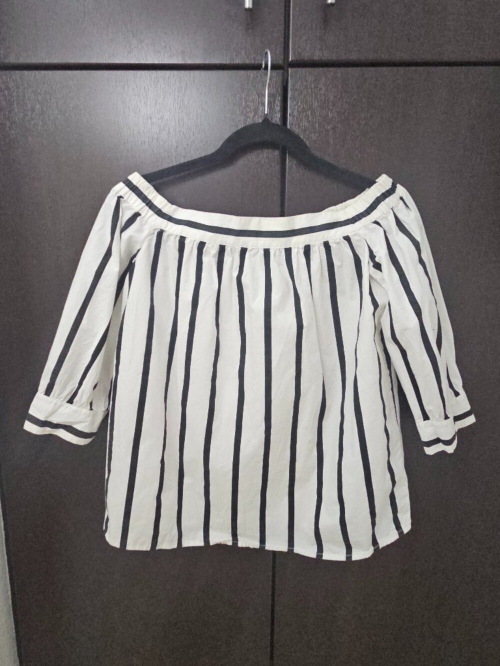 Selected Femme Black & White 3/4 Sleeve Off-Shoulder Stripe Top
